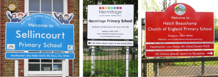 External Post Mounted Aluminium School Signs for Sellincourt Primary School, Hermitage Primary School and Hatch Beauchamp CofE Primary School